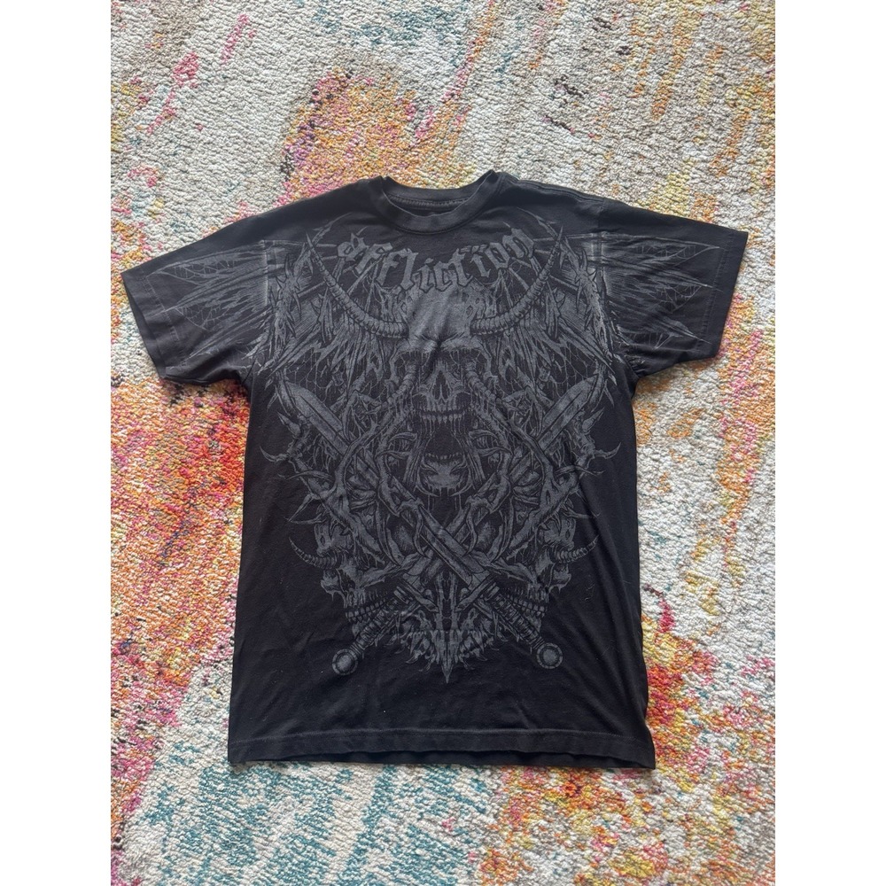 AFFLICTION Y2K Cyber Grunge Skull Crossed Swords Graphic Tee Shirt M